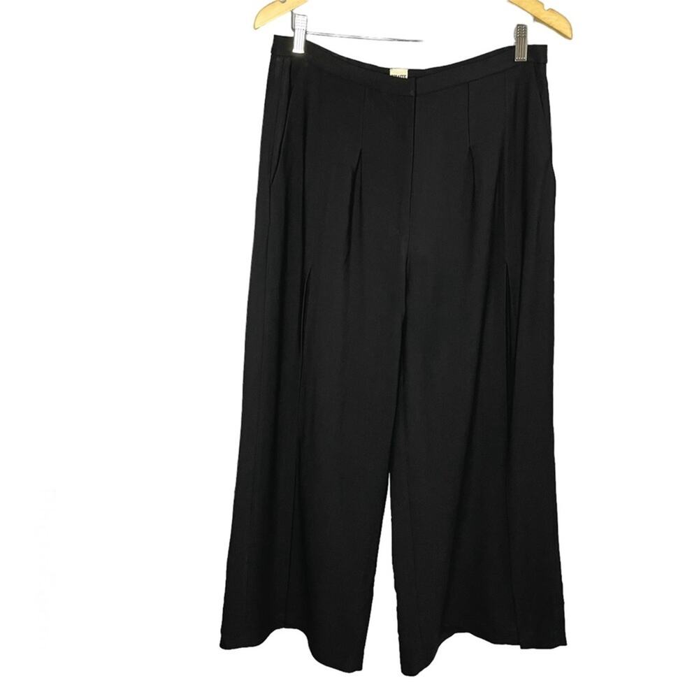 KHAITE Black Cropped Pleated Wide-Leg Pants High Waisted Casual Wardrobe 10